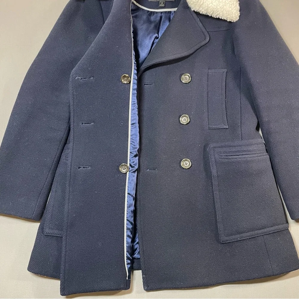 J. Crew Italian Stadium Cloth Faux Fur Collar Pea Coat; Wool Blend - Womens 2 - Picture 8 of 16